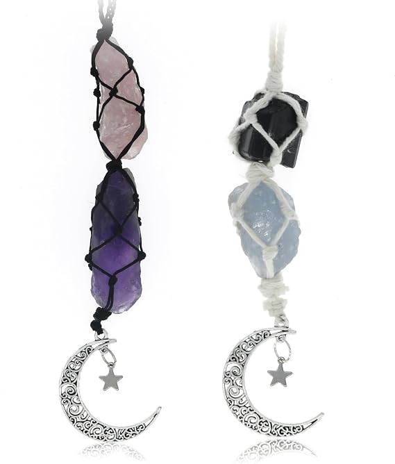 BOHO GARDEN Hanging Car Charm for Rear View Mirror Crystal Moon - 2 Pack