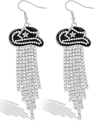 Ronglry Rhinestone Western Hat Earrings Cowgirl Cowboy Earrings for Women Cowboy Chic Outfits for Women Bohemian Rodeo Tassel Drop Dangle Earrings Country Cowgirl Western Jewelry Accessories
