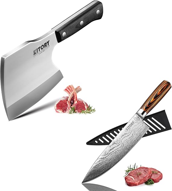 Kitory Heavy Duty Axe Meat Cleaver for Big Bones K5 + 8 inch Chef knife with Sheath K0206