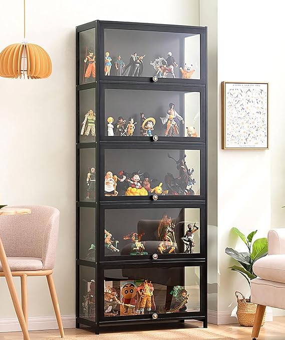 Display Cabinet, Curio Cabinet with Acrylic Doors, Bambou Bookcase Display Cabinet, Brown Curio Cabinet, Display Cabinet for Books, Office and Living Room Black80*33 * 172