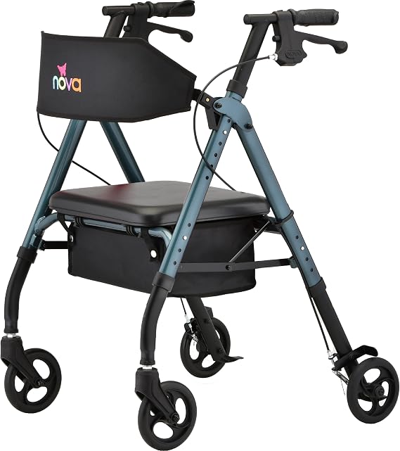 NOVA Star 6 Foldable Rollator Walker for Seniors, Wide Padded Backrest with Seat, 6 All-Terrain Wheels, Easy-Grip Locking Hand Brakes, Height Adjustable, Blue
