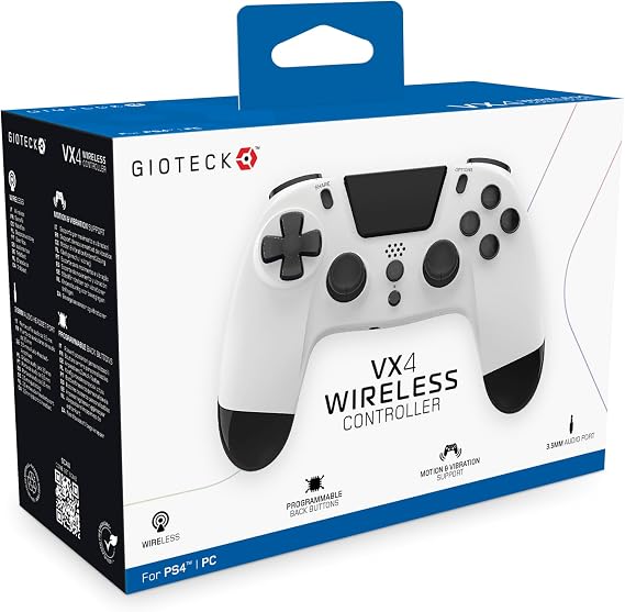 Gioteck VX4 Wireless Controller for PlayStation 4 (PS4) - White with Progammable Back Buttons - Bluetooth Compatible