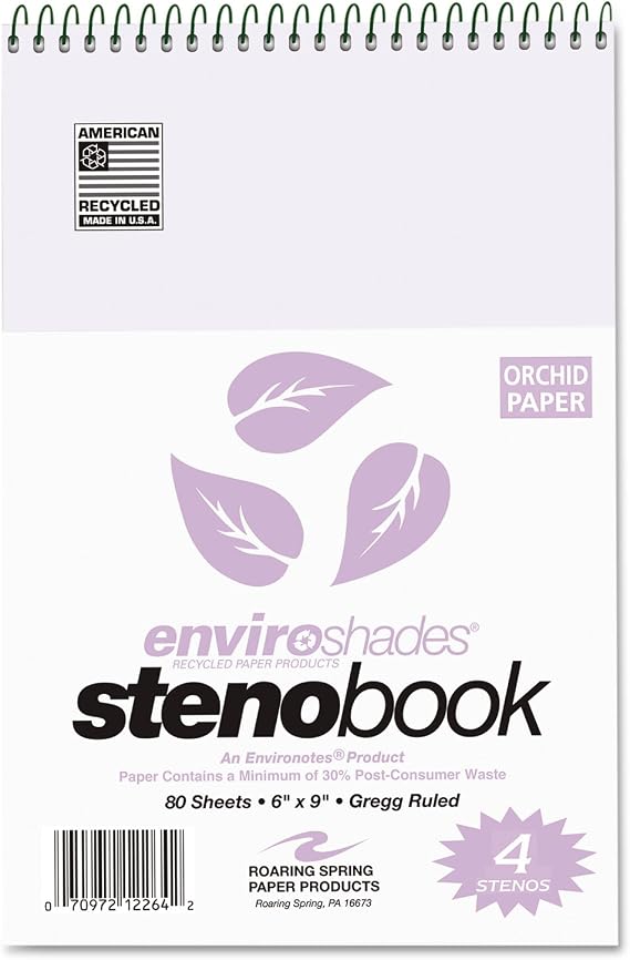 Roaring Spring Enviroshades Steno Notepad, Gregg Rule, White Cover, 80 Orchid 6 X 9 Sheets, 4/Pack