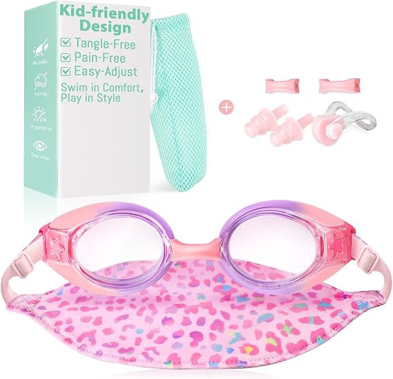 Pixel Panda Kids Swim Goggles with Fabric Strap for 3-12, No Hair Pulling | Kids swimming goggles with soft cloth strap for toddler/boys/girls/children, anti-fog anti-UV, no leak, no raccoon eyes