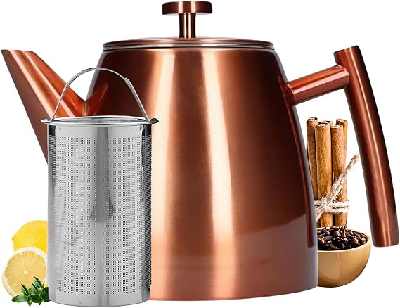 Vaja Trends Teapot 1 Litre Double Walled Rose Stainless Steel with Strainer Insert with Warmer Tea Maker Stainless Steel Teapot