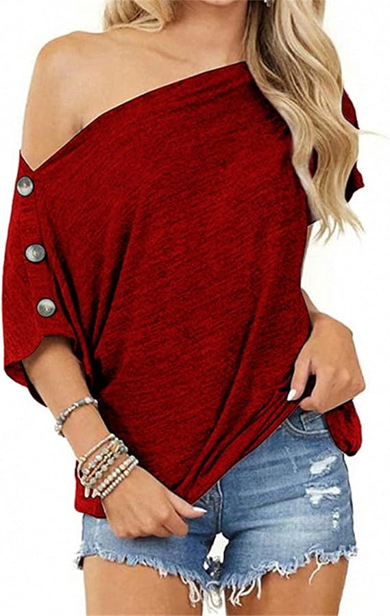 Women's Button Off Shoulder T-Shirt Blouse Tunic Loose Short Sleeve Casual Cotton T-Shirt Solid Color