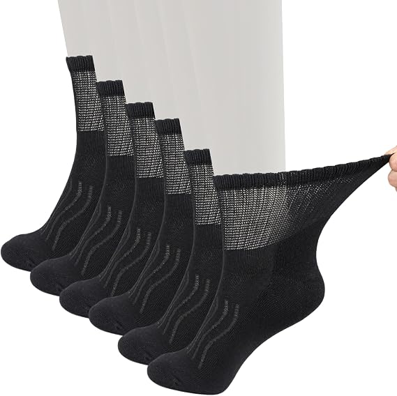 +MD Ankle Diabetic Socks for Men & Women Non Binding Top Socks with Cushioned Sole for Swollen Feet 6 Pairs Black 9-11