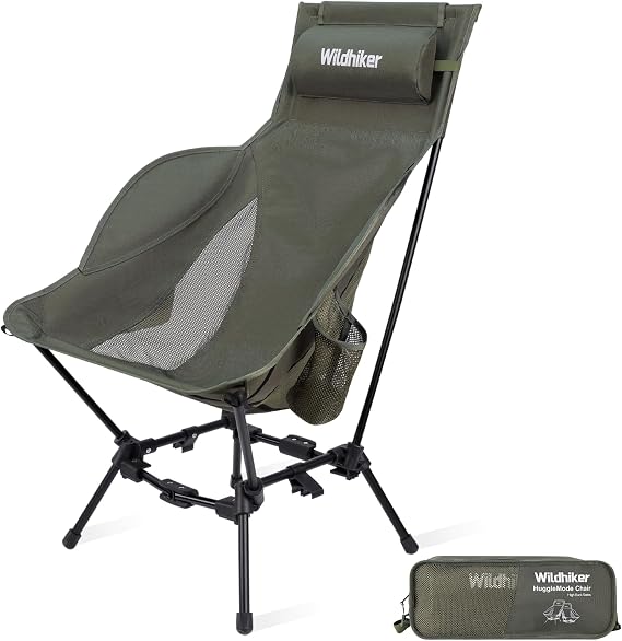 Wildhiker HuggleMode High Back Folding Camping Chair, 2 Seat Heights -Green | Portable for campfires and sidelines, packs down small, 2 seat heights, easy to carry for beaches and backyards.