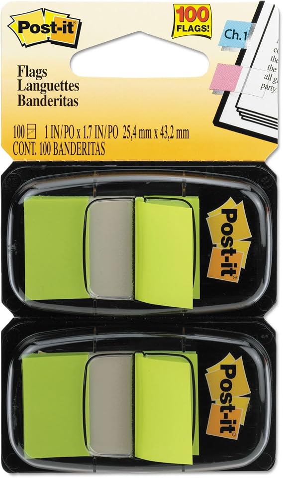 3M 680BG2 Post-It Flags in Dispenser, 1-Inch Size, Bright Green, 100 Flags/Pack