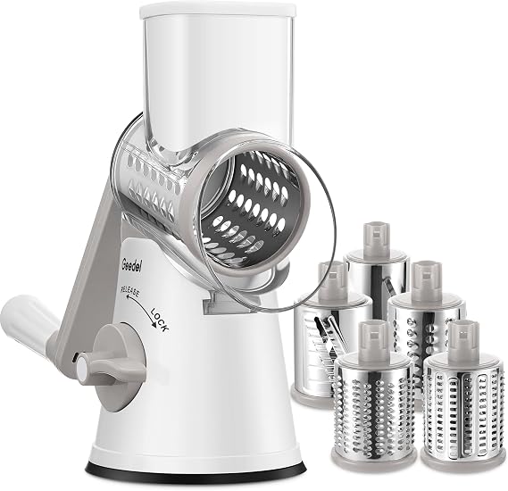 Geedel Upgraded Rotary Cheese Grater, 5 in 1 Cheese Shredder Veggie Slicer | Non-slip Suction Base, 430 Stainless Steel, No BPA, Dishwasher Safe, for Cheese Shredding, Wavy Slicing, Ice Shaving