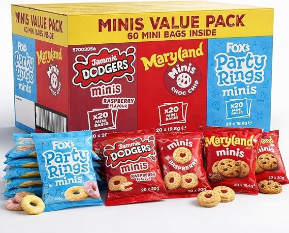 Fox’s Mini Biscuit Variety Pack 60 Count – Jammie Dodgers, Maryland Choc Chip & Party Rings Minis – Individually Wrapped Snack Packs – Ideal for Lunchboxes, Party & Kids