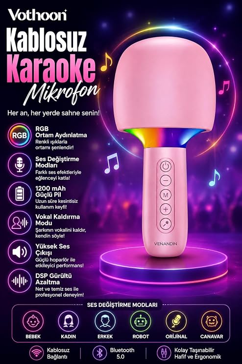 Vothoon Çocuk ve Yetişkin Karaoke Mikrofonu Kablosuz RGB Ambiyans Işığı Ses Değiştirme Modlu Hoparlör
