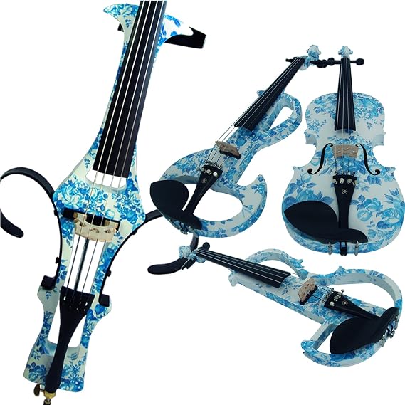 Aliyes Wood Electric Violin Full Size 4/4 Intermediate-A Electric Silent White&Blue Flowers Violin Kit With Case,Bow,Rosin,headphones,Shoulder Rest,Strings(ALDSZA-1201)