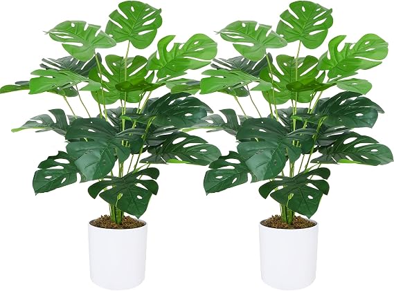 GTIDEA 2 Pcs Artificial Monstera Deliciosa Plants with White Pot