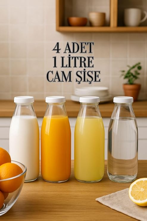 4 Glass Bottles with White Plastic Lids 1 Liter Transparent Jug Milk, Ayran, Water, Lemonade Soft Drink Bottle