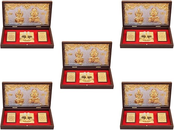 GoldGiftIdeas Gold Plated Mahalakshmi Ganesha Photo Frame Box with Charan Paduka, Return Gifts for Housewarming Pooja, Lakshmi-Ganesh Yantra Acrylic Momento Gift with Fragrance (Pack of 5)