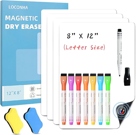 LOCONHA 4PCS Small Magnetic Dry Erase Board Sheet for Refrigerator, Fridge Whiteboard for Kitchen, 12"x8" White Board Organizer and Planner with Stain Resistant Technology, Include 2 Eraser, 8 Markers