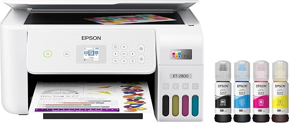 Epson EcoTank ET-2800 All-in-One Wireless Color Supertank Inkjet Printer for Home, White - Print Scan Copy - 10 ppm, 5760 x 1440 dpi, 1.44" LCD Display, Borderless Photo Prints, Cartridge-Free
