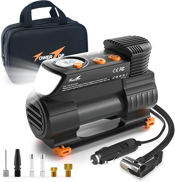 TowerTop Tyre Inflator Air Compressor: 2X Faster Heavy Duty Car Tyre Pump Portable 12V Digital Tyre Inflator with High Precision Pressure Gauge, Memory Function, 1 Min Inflation, LED Light, Handbag