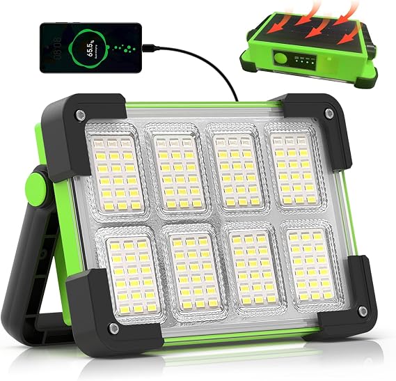 120W Solar Rechargeable 144 LED Work Light, 10000LM Flood Light | Portable Camping Light, 4 Modes, IP66 Waterproof Outdoor Job Site Light with Stand for Emergency, Garage and Repair
