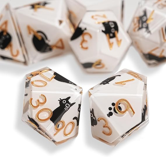 7Pcs DND Dice Set, Cute Cat Dice Sharp Edge Resin for Role Playing Games