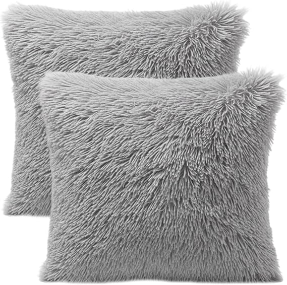 2 Pack Grey Cushion Covers, Fluffy Cushions, Faux Fur Cushion Covers, Soft and Cozy, 43x43cm, for Living Room, Bedroom, Sofa