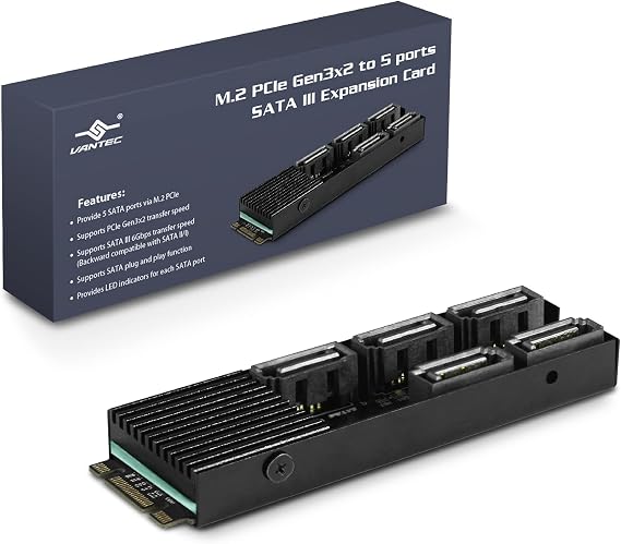 VANTEC M.2 PCIE GEN3X2 to 5 Ports SATA III Expansion Card