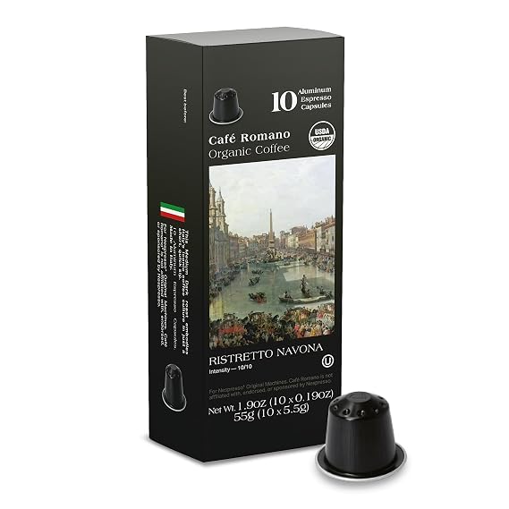 Organic USDA Cafe Romano Coffee Aluminum Espresso Pods For Nespresso Origninal Machine 100 Pack Italian Espresso Coffee 100% Arabica (Ristretto)