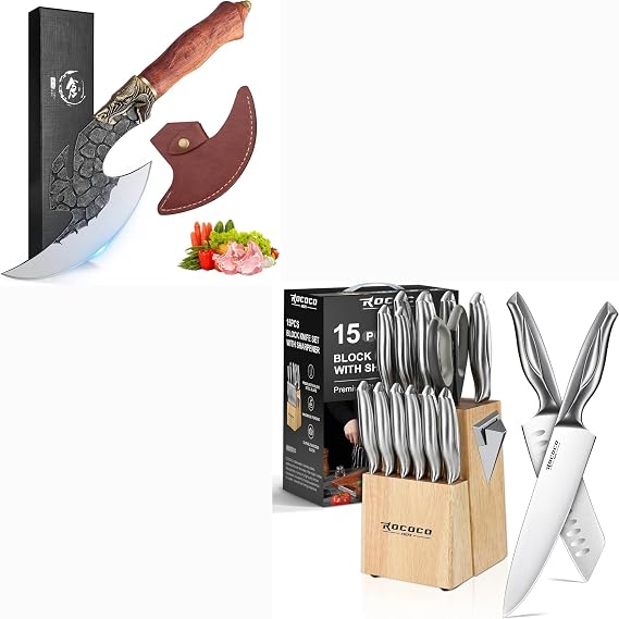 ROCOCO The 15 PCS Kitchen Block Knife Set with Dragon Viking Cleaver for Cutting Ribs Roasts Fruits Veggies Multipurpose Kitchen Knives for BBQ Birthday Thanksgiving Christmas Gift Ideal Men