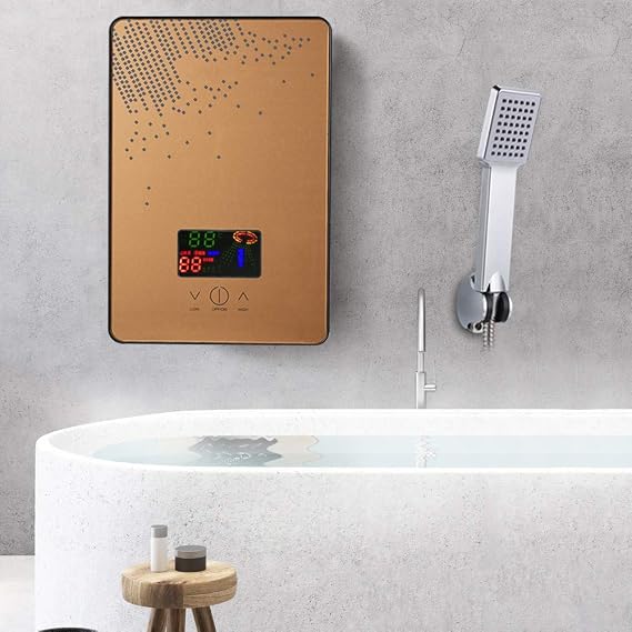 Electric Water Heater, 110V 6.5KW Portable Water Heater On Demand Hot Water Heater Digital Display, Indoor Installation Instant Hot Water Heater for Kitchen Bathroom Washing, Gold
