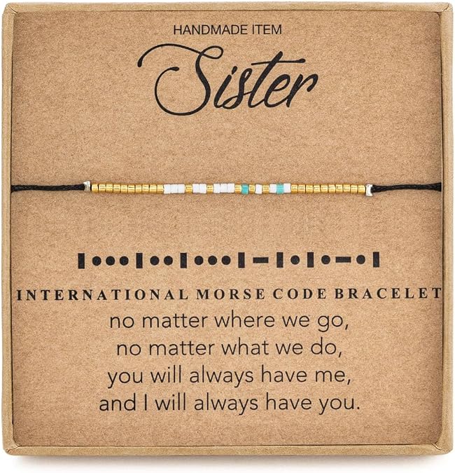 RareLove Sister Morse Code Beaded Bracelet Birthday Gifts from Sister Long Distance Friendship Christmas Gifts Waterproof Gold Blue White Tiny Pony Seed Beads Black String