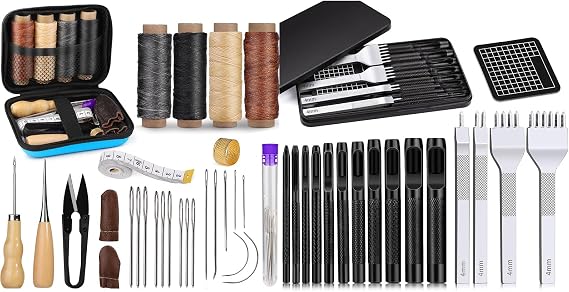 Leather Sewing Kit, Leather Stitching Kit with Sewing Awl, Stitching Punch, Belt Hole Puncher for Leathercrafts Needles, Waxed Thread