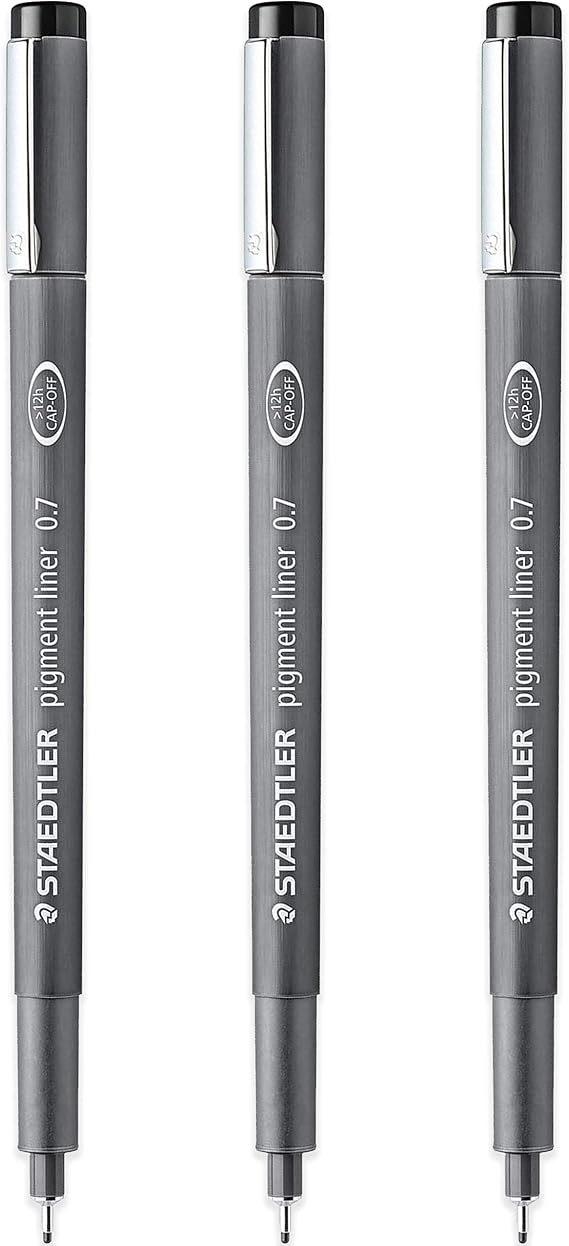 STAEDTLER 308 07-9 Pigment Liner Fineliner Pen - 0.7mm Nib - Black Ink - Pack of 3