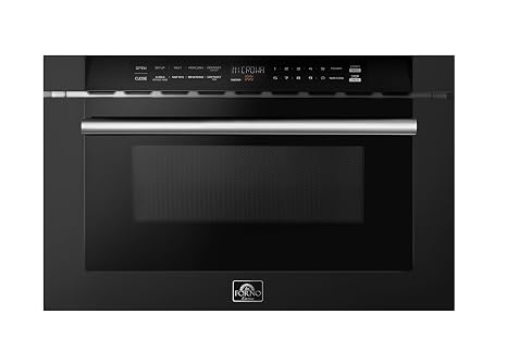 FORNO Capoliveri 24 Inch 1000 Watts Black Stainless Steel Microwave Drawer 1.2 cu.ft. Built-In Under-Counter Oven with Interchangeable Antique Brass Handle, Touch Controls, Defrost Rack