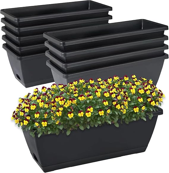 Window Box Planter,10Pack Plastic Vegetable Flower Planters Boxes | 17 Inches Rectangular Flower Pots with Saucers for Indoor Outdoor Garden, Patio, Home Decor (Black)