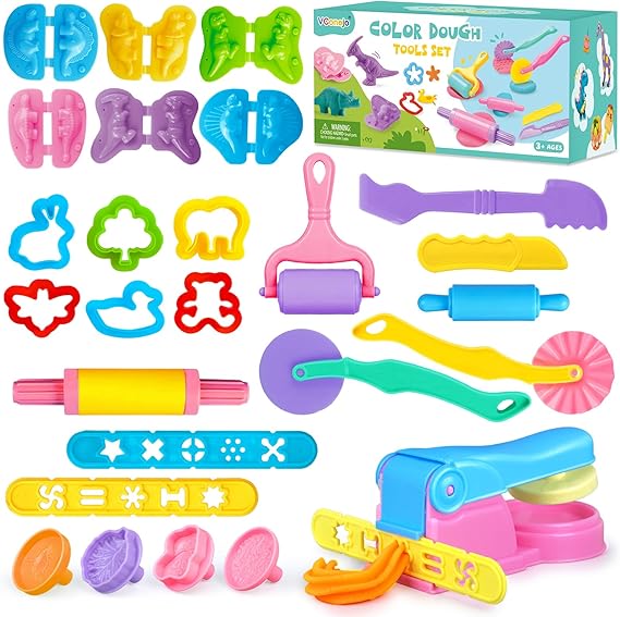 VConejo Dough Tools Set for Kids, 26 pcs Dough and Clay Accessories with Stamps, Animal Cutters, Rollers, Extruder, Dinosaur Dough Play Molds, Educational Toys for Boys Girls