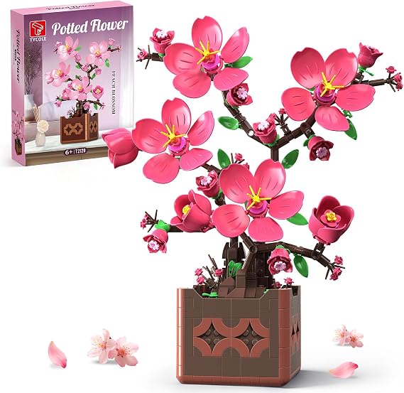 TYCOLE Peach Blossom Flower Building Set, Potted Bonsai Plant, 602 Pcs, 6+