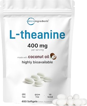 Micro Ingredients L-Theanine 400mg, 400 Softgels | Highly Bioavailable with Coconut Oil | Extra Strength Theanine Amino Acid | Calm & Relaxation Support + Focus Supplement | Non-GMO, Gluten Free