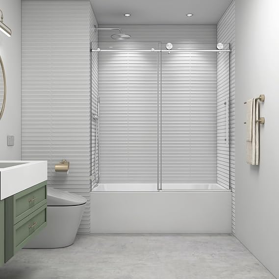 55"-60" W x 63" H Bathtub Soft Closing Sliding Shower Door,Water Repellent Frameless Tub Shower Door with 5/16" (8mm) Nano Explosion-Proof Film Transparent Glass (Brushed Nickel 60" Wx63 H)