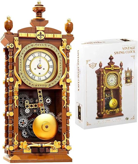 Vintage Pendulum Clock Building Block Set, Building Blocks Toy with Real Clock Function and Linked Mechanical Pendulum Home Decoration,Creative Gifts for Adults Teens Kids