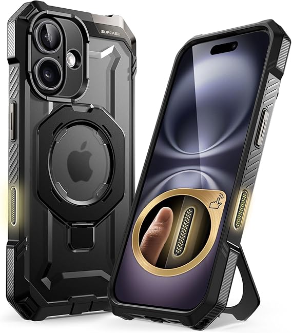 SUPCASE for iPhone 16 Case with Camera Control Capture Button, Black | Compatible with MagSafe, Built-in Stand, Magnetic Translucent Back Phone Case for iPhone 16 6.1'' 2024, Unicorn Beetle Grip