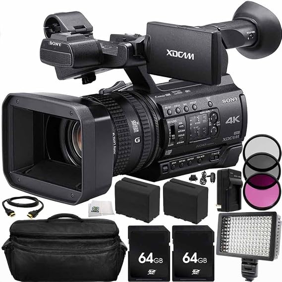Sony PXW-Z150 4K XDCAM Camcorder 64GB Bundle 14PC Accessory Kit. Includes 2 64GB SD Memory Cards + 2 Replacement F970 Batteries + AC/DC Rapid Home & Travel Charger + More