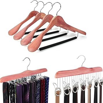 TOPIA HANGER American Red Cedar Wooden Suit Hangers 4 Pack, Tie Rack 1 Pack, Belt Hanger 1 Pack
