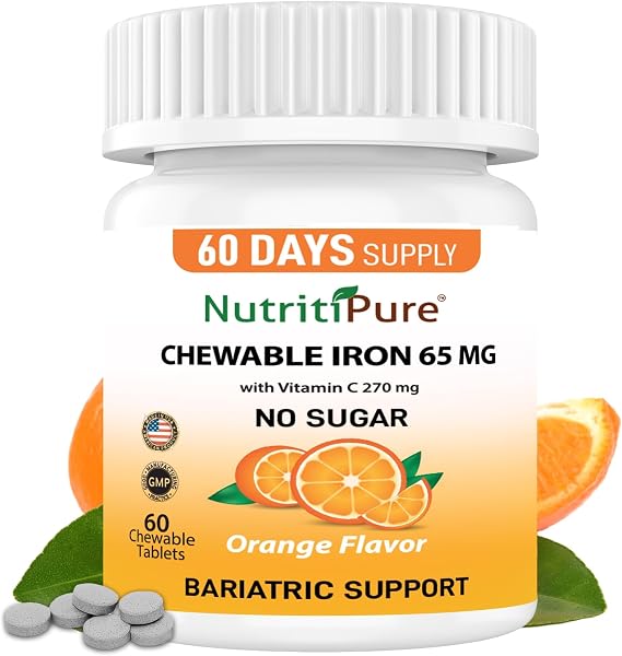 Chewable Iron 65 mg with Vitamin C, Sugar-Free NutritiPure, 60ct | 270mg Vitamin C, Ferronyl Carbonyl Iron, Bariatric-Friendly, Orange Flavor, Non-GMO, GMP Certified, 60-Day Supply