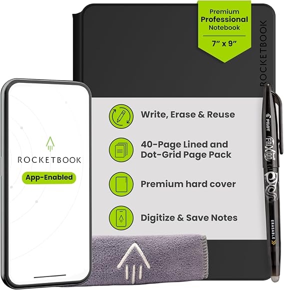 Rocketbook Pro 2.0 Reusable Digital Notebook - Smart Notepad - Black, with 20 Dotted & Lined Pages, Hardcover, with Pilot Frixion Pen & Microfiber Cloth, A5 Executive Size 7" x 9" - Office Gadget
