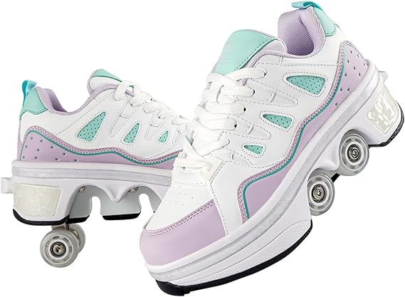 Unisex 2 in 1 Skating Shoes with 4 Retractable Wheels, Invisible Deformation and Removable Pulley, Retractable Skating Shoes Ideal for Women, Girls, Boys, and Girls.