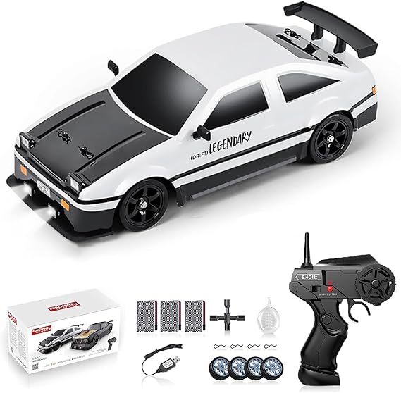 RC Drift Car, 1:16 Scale AE86 Model RC Drift Car, 4WD 18KM/h High Speed Remote Control Cars with LED Lights, Spray, Drifting Tires, Sport Racing On-Road Vehicle for Teens Adults
