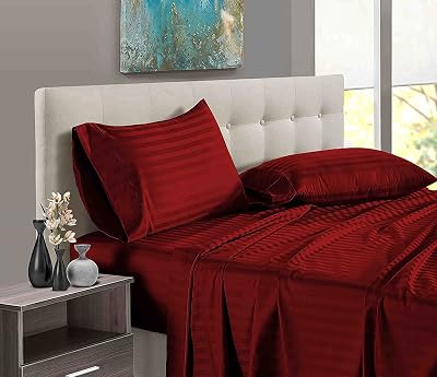 4 PC Cotton Sheets Set, 600 Thread Count 100% Egyptian Cotton, 22 Inch deep Pocket of Fitted Sheet, Long-Staple Combed Cotton Best-Bedding Sheets for Bed, Burgundy Stripe, Twin-XL Size.