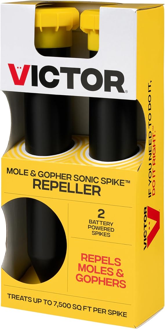 Victor Mole and Gopher Sonic Spike, 2-Pack | Chemical Free Outdoor Mole and Gopher Repellent for Lawns, 95 ft Diameter Coverage, Safe for Use Around People and Pets