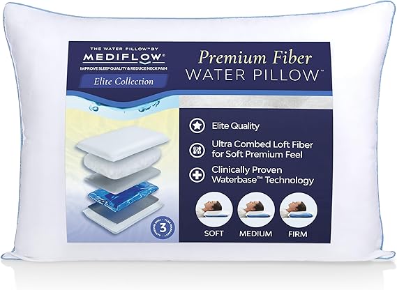 Mediflow Water Pillow - Elite Collection, Fiber Pillow. Orthopedic Pillow for Neck Pain Relief, Adjustable Water Pillow for Sleeping. (1 Pillow)